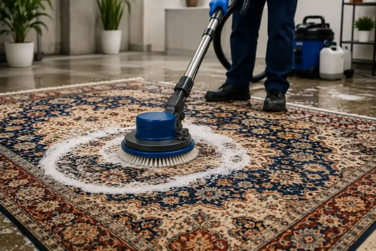 Professional rug cleaning in progress in West London