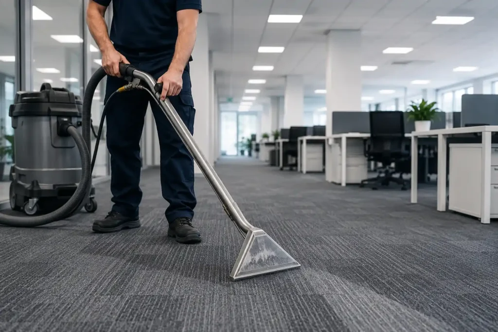 Large commercial carpet cleaning machine in an office or corporate lobby, West London