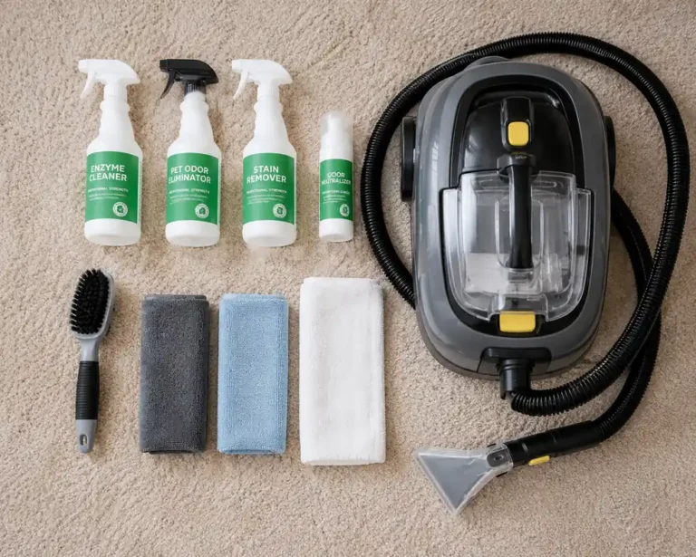 Flat lay of professional pet odor and stain removal supplies including enzyme cleaner, stain remover, and steam cleaning machine