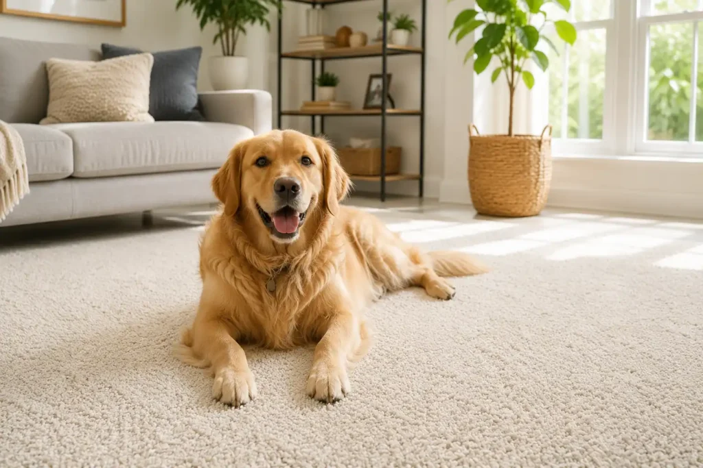 Happy golden retriever relaxing on a clean, fresh-smelling carpet after pet stain removal service