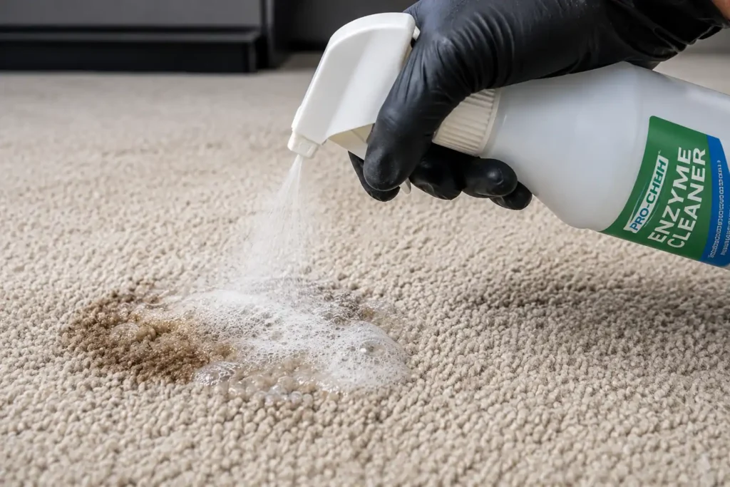 Close-up of enzyme cleaner being sprayed on a pet urine stain on carpet