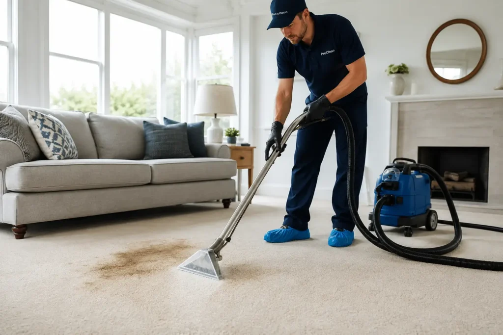 Professional carpet cleaning technician using steam cleaner to remove pet stain from living room carpet
