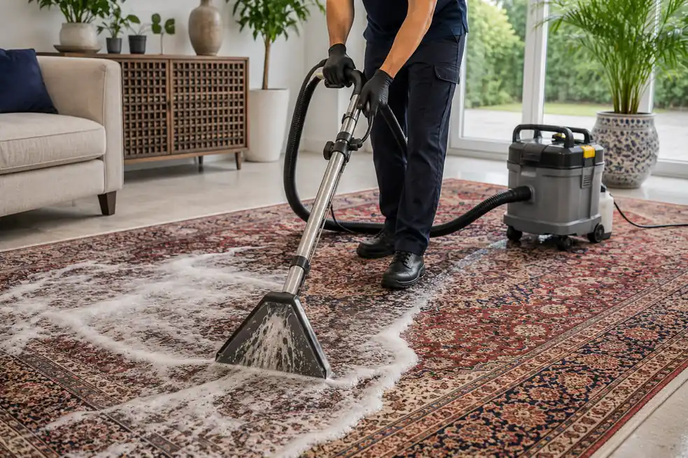 Professional rug cleaning technician deep cleaning an oriental rug, West London