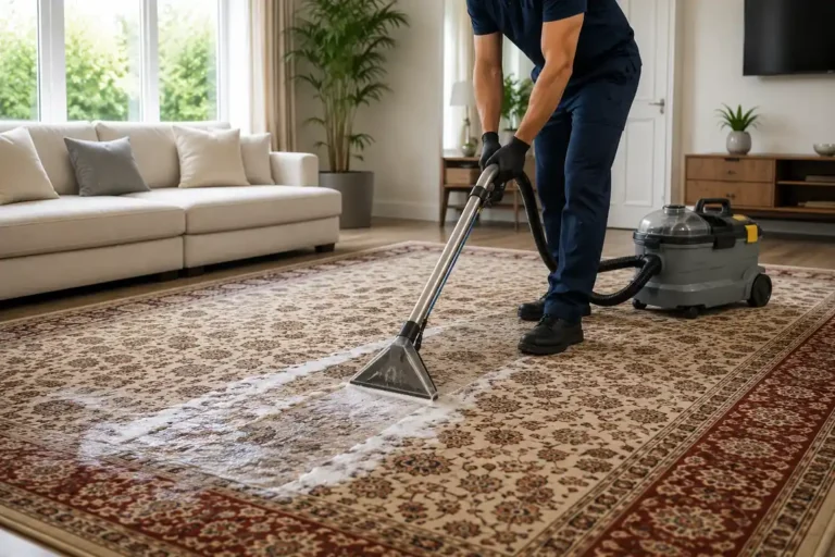 Rug cleaning machine steam cleaning a wool area rug, West London