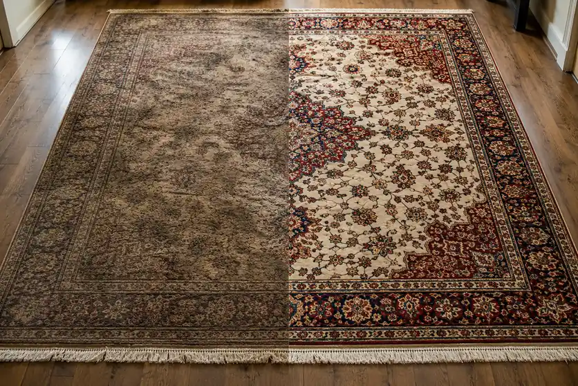 Before and after cleaning of an oriental rug, West London rug cleaning service