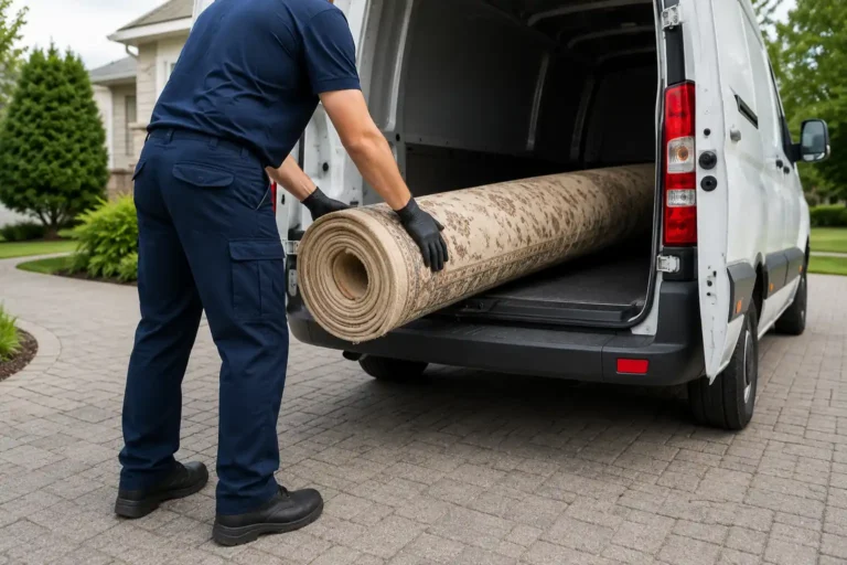 Rolled rug being loaded for collection, West London rug cleaning service