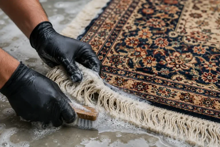 Hand-washing rug fringe detail, West London rug cleaning