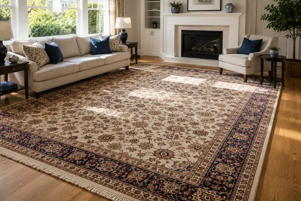 Freshly cleaned area rug in a bright living room, West London