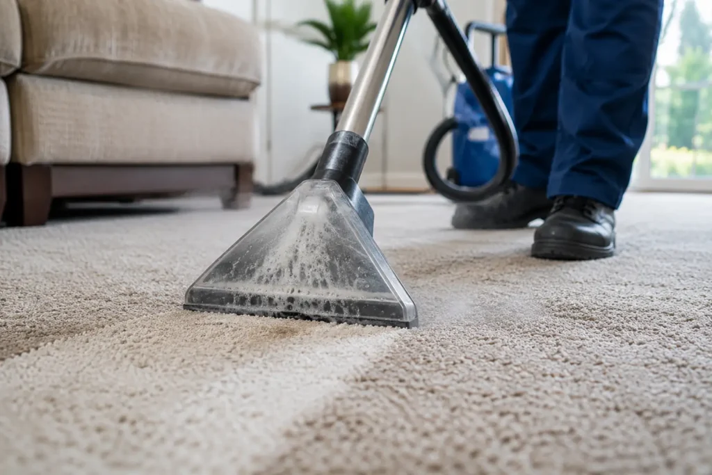 Professional steam carpet cleaning machine deep cleaning carpet fibres, West London