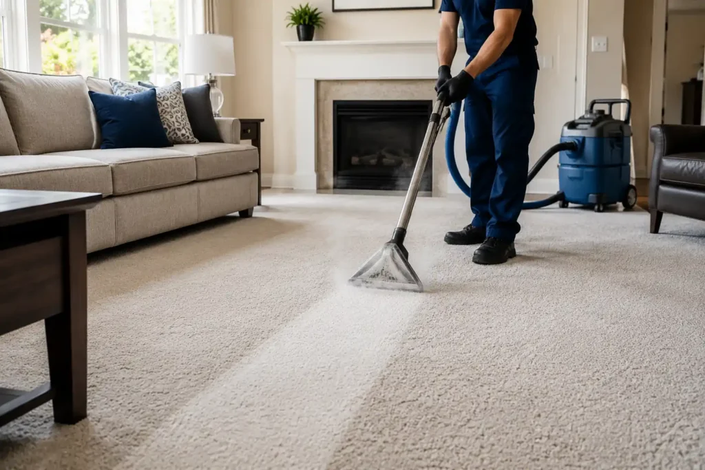 Technician steam cleaning a living room carpet, West London