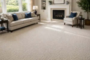 Freshly steam-cleaned carpet in a bright living room, West London
