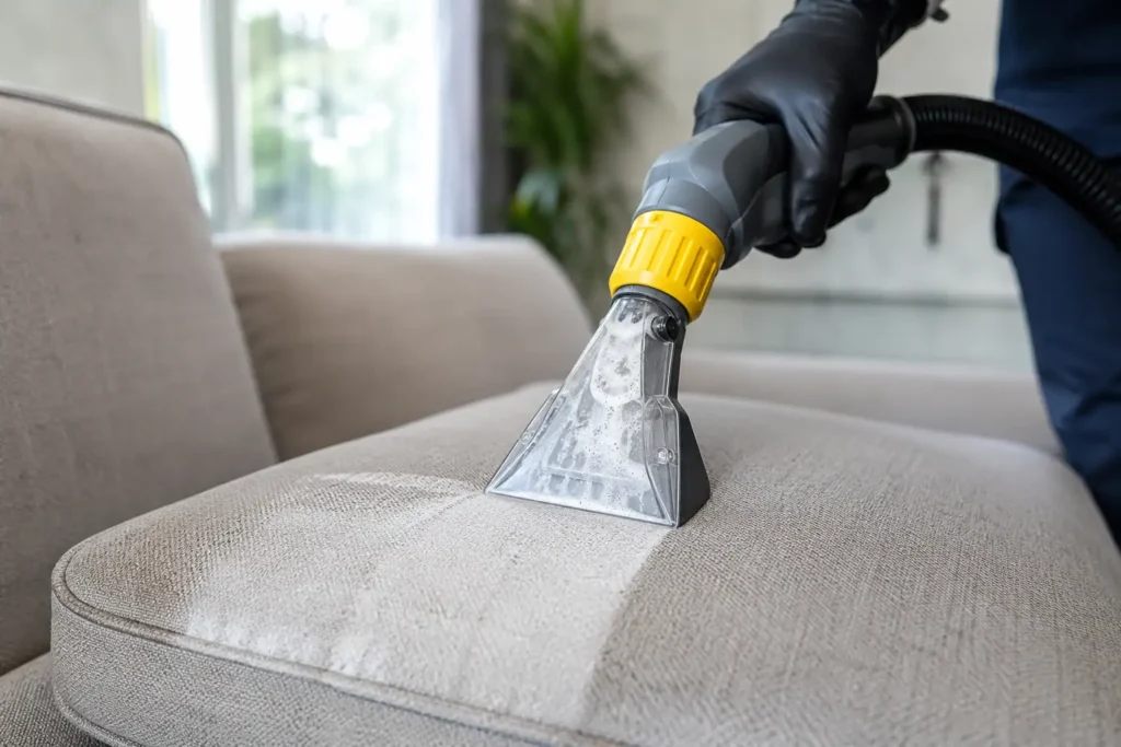 Upholstery steam cleaning machine deep cleaning a fabric sofa cushion in West London
