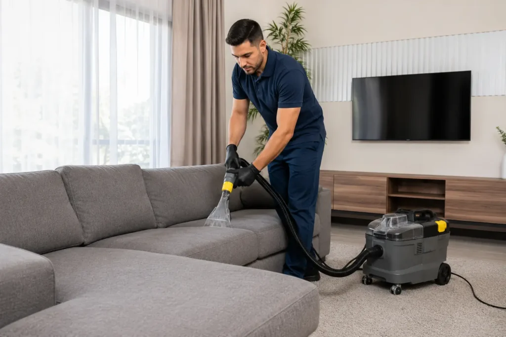 Professional technician cleaning a fabric sofa with upholstery cleaning equipment, West London