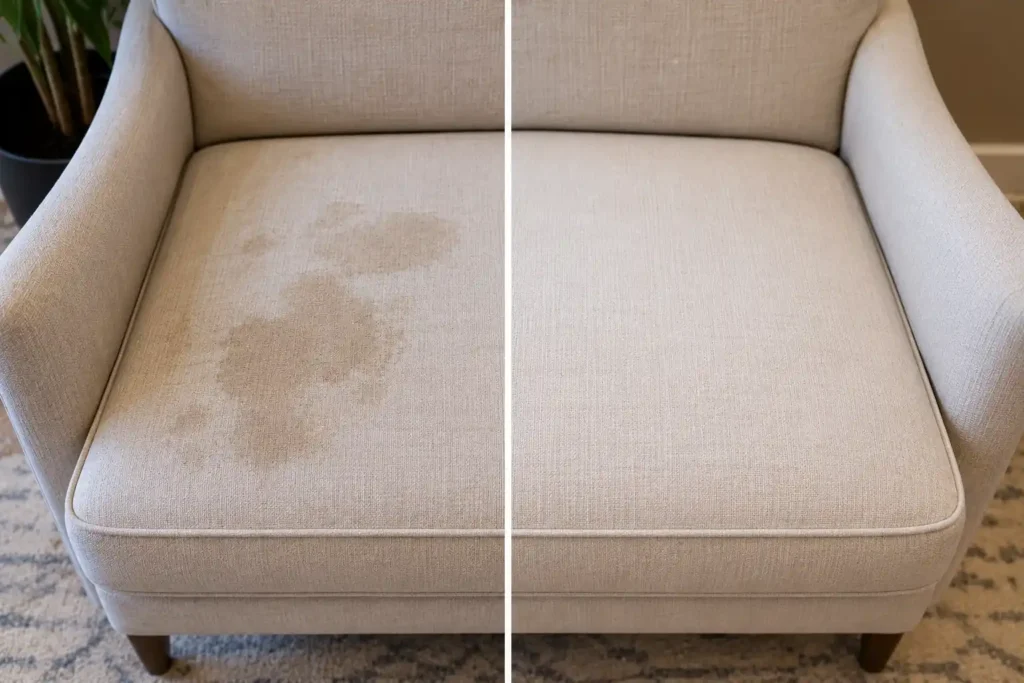 Before and after upholstery stain removal on a fabric armchair cushion, West London