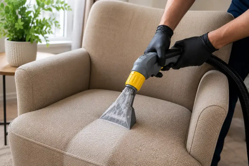 Deep cleaning an armchair with an upholstery cleaning wand, West London service