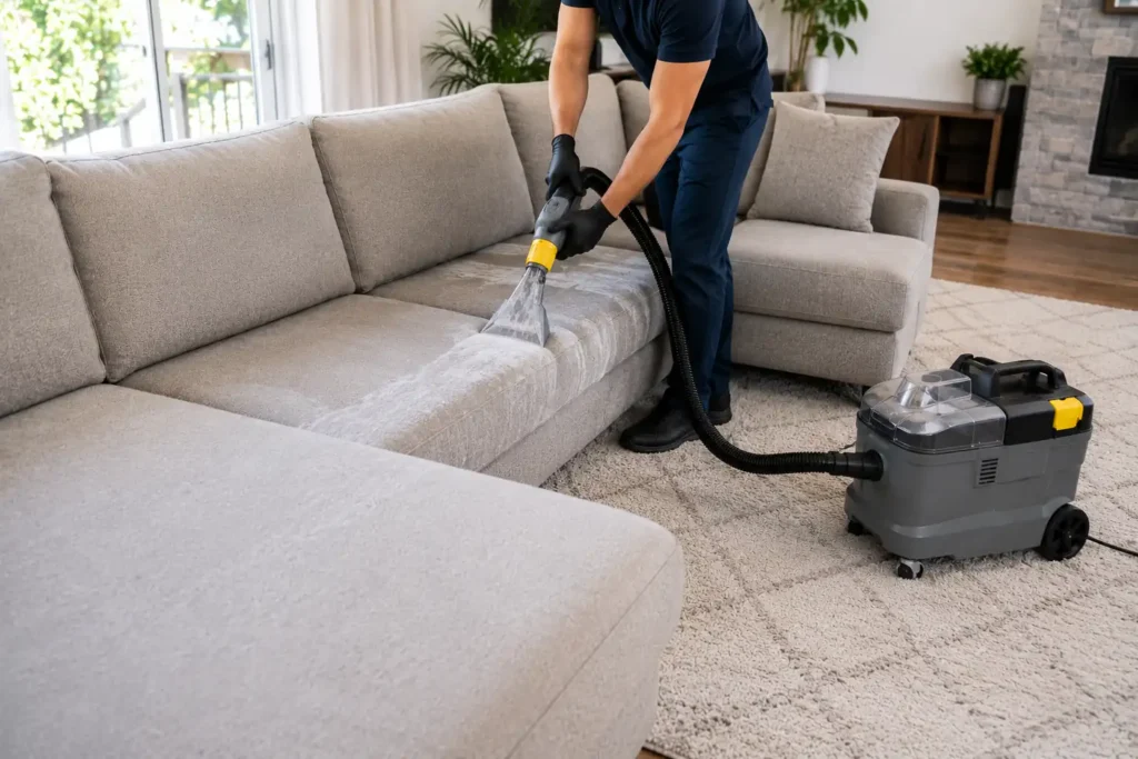 Deep cleaning a large L-shaped fabric sectional sofa, West London upholstery service