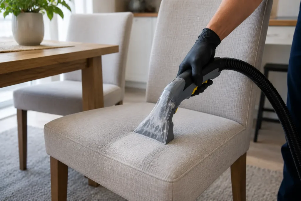 Spot-cleaning a fabric dining chair with a handheld upholstery tool, West London