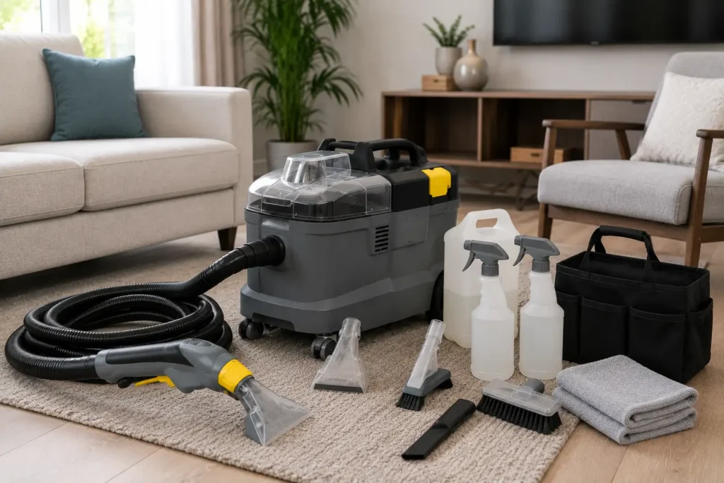 Professional upholstery cleaning equipment set up for a job in West London