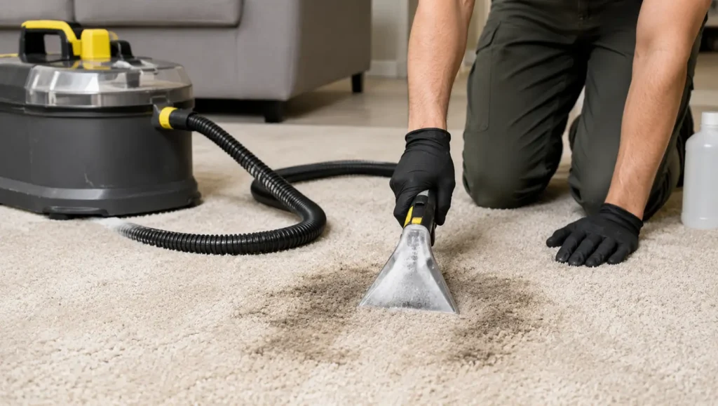 DIY carpet cleaning with a home carpet cleaning machine and stain treatment
