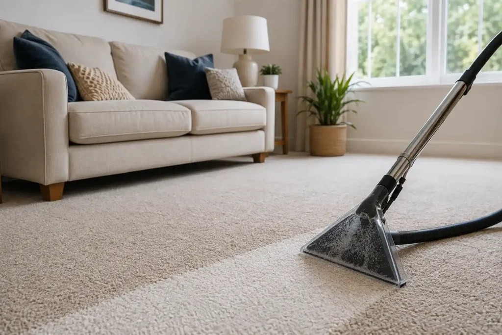 Professional carpet cleaning in a bright West London living room