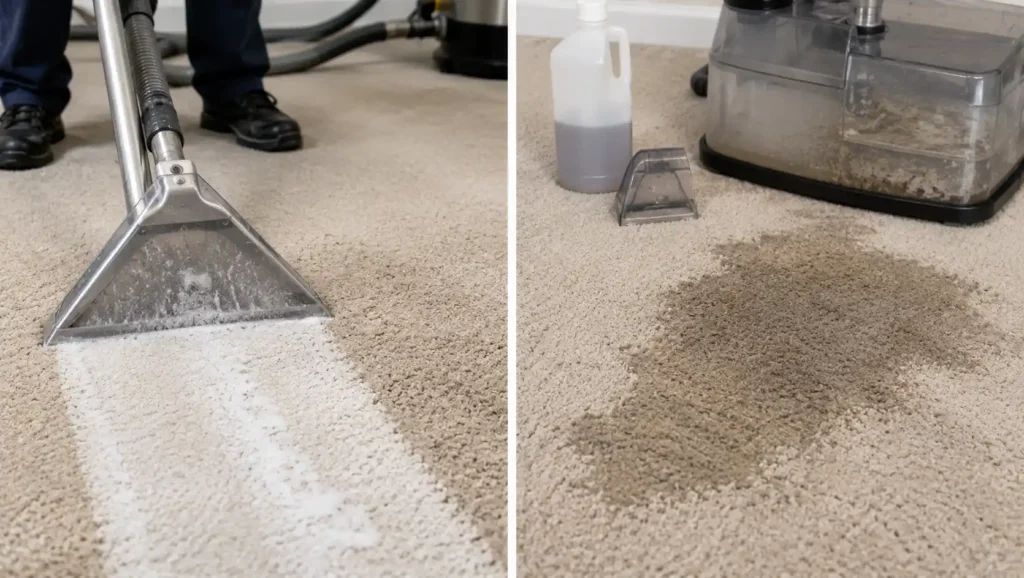 Professional carpet cleaner using hot water extraction equipment