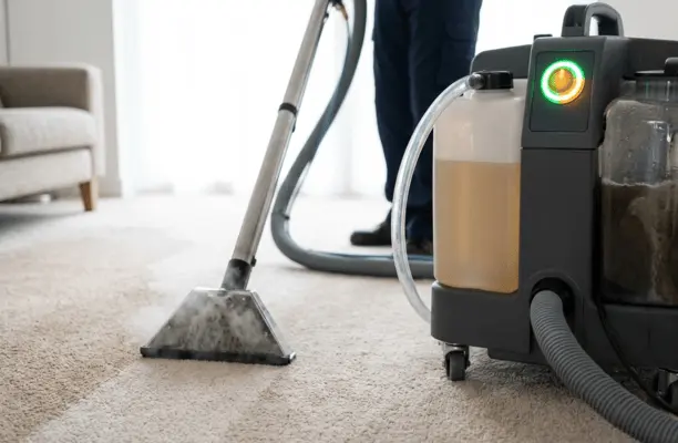 A professional carpet cleaner using a hot water extraction machine to demonstrate what is professional carpet cleaning and how does it work.