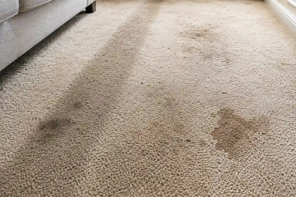 Worn beige carpet showing traffic lanes, stains, flattened fibres and pet hair