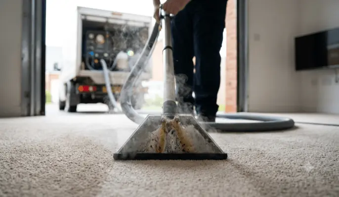 A low-angle, close-up photograph focuses on a carpet cleaning extraction head as it glides over a light beige carpet. Steam rises from the clear nozzle, indicating a hot water extraction process. In the background, out of focus, the lower body of a person wearing dark work pants and a professional cleaning truck with a machine and hoses parked outside a garage can be seen.